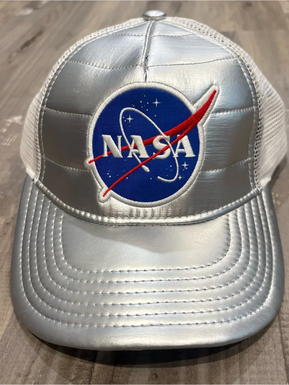 NASA Space Logo Embroidered Silver Shiny Trucker Hat Cap White Mesh SnapBack